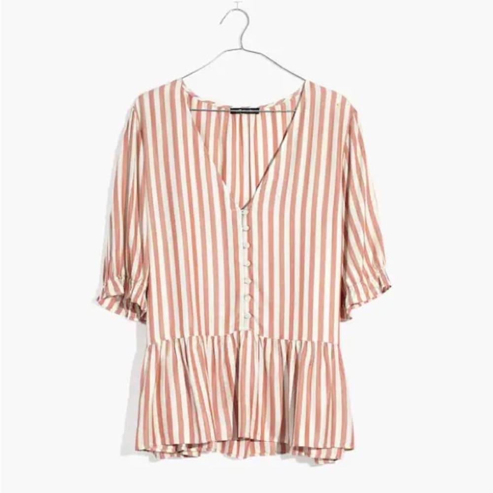 Madewell Petite Courtyard Ruffle-Hem Top in Stripe Striped V-Neck Peplum Top